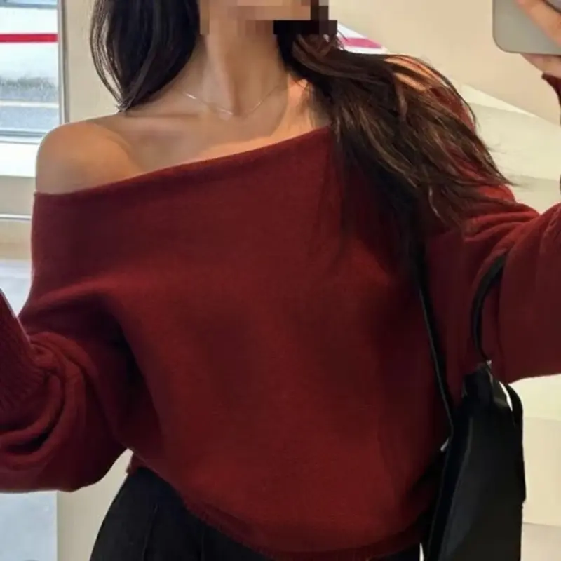 Product image - Red - JNN Korean Style Off-Shoulder Knit Top