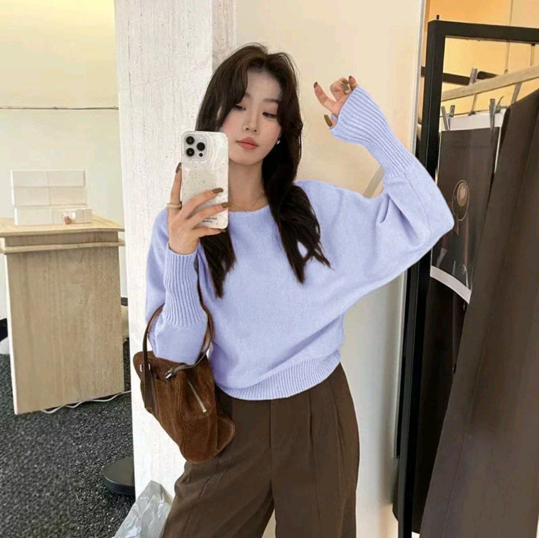 Product image - Light Blue - JNN Korean Style Off-Shoulder Knit Top