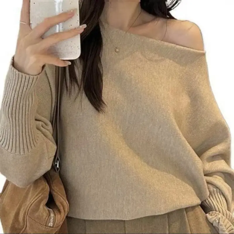 Product image - Khaki - JNN Korean Style Off-Shoulder Knit Top