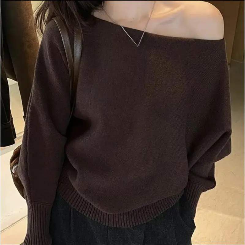 Product image - Coffee - JNN Korean Style Off-Shoulder Knit Top