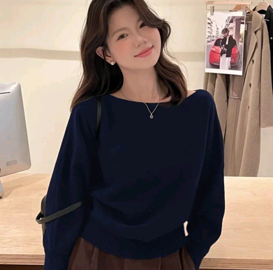 Product image - Navy Blue - JNN Korean Style Off-Shoulder Knit Top
