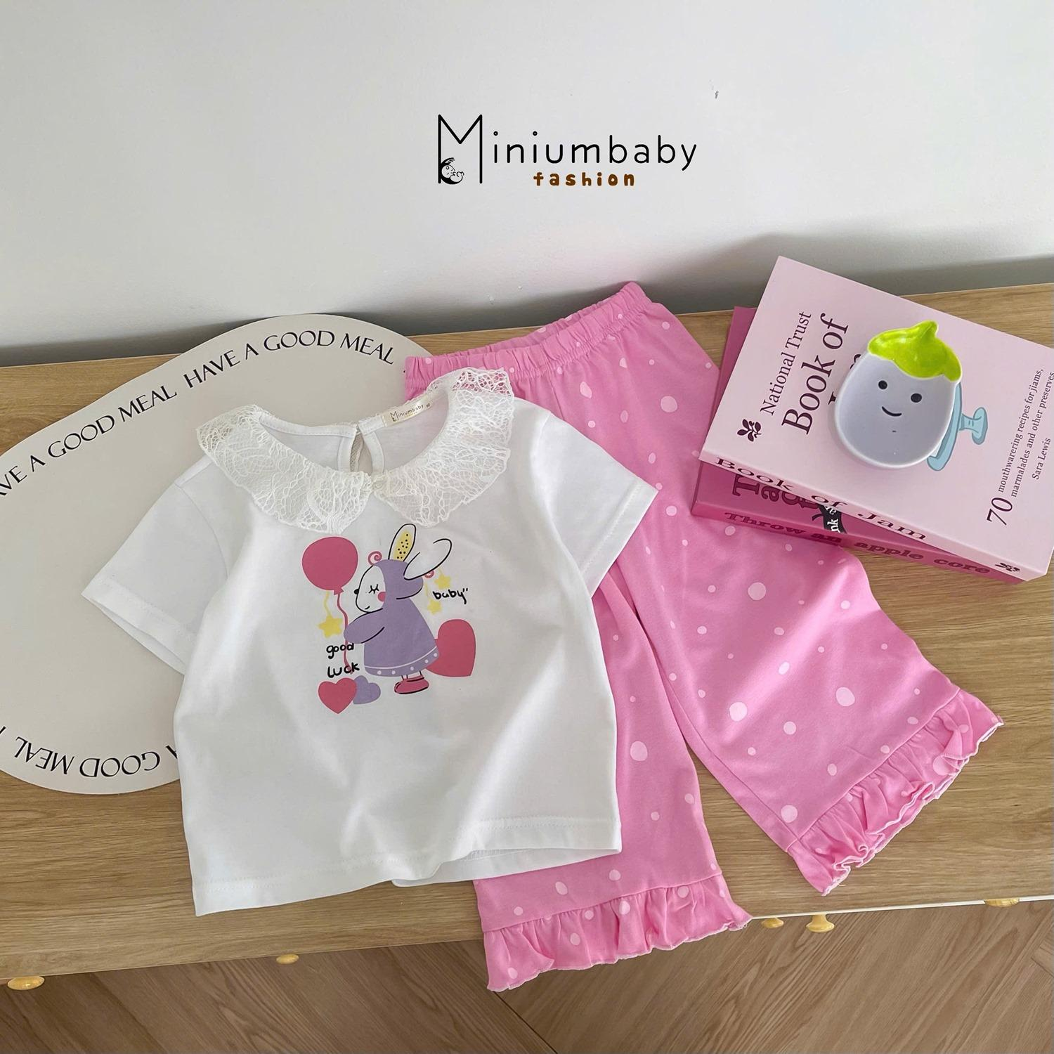 SB2288- bộ cộc tay bé gái cổ zen, in họa tiết thân trước, quần phối beò gấu áo trắng