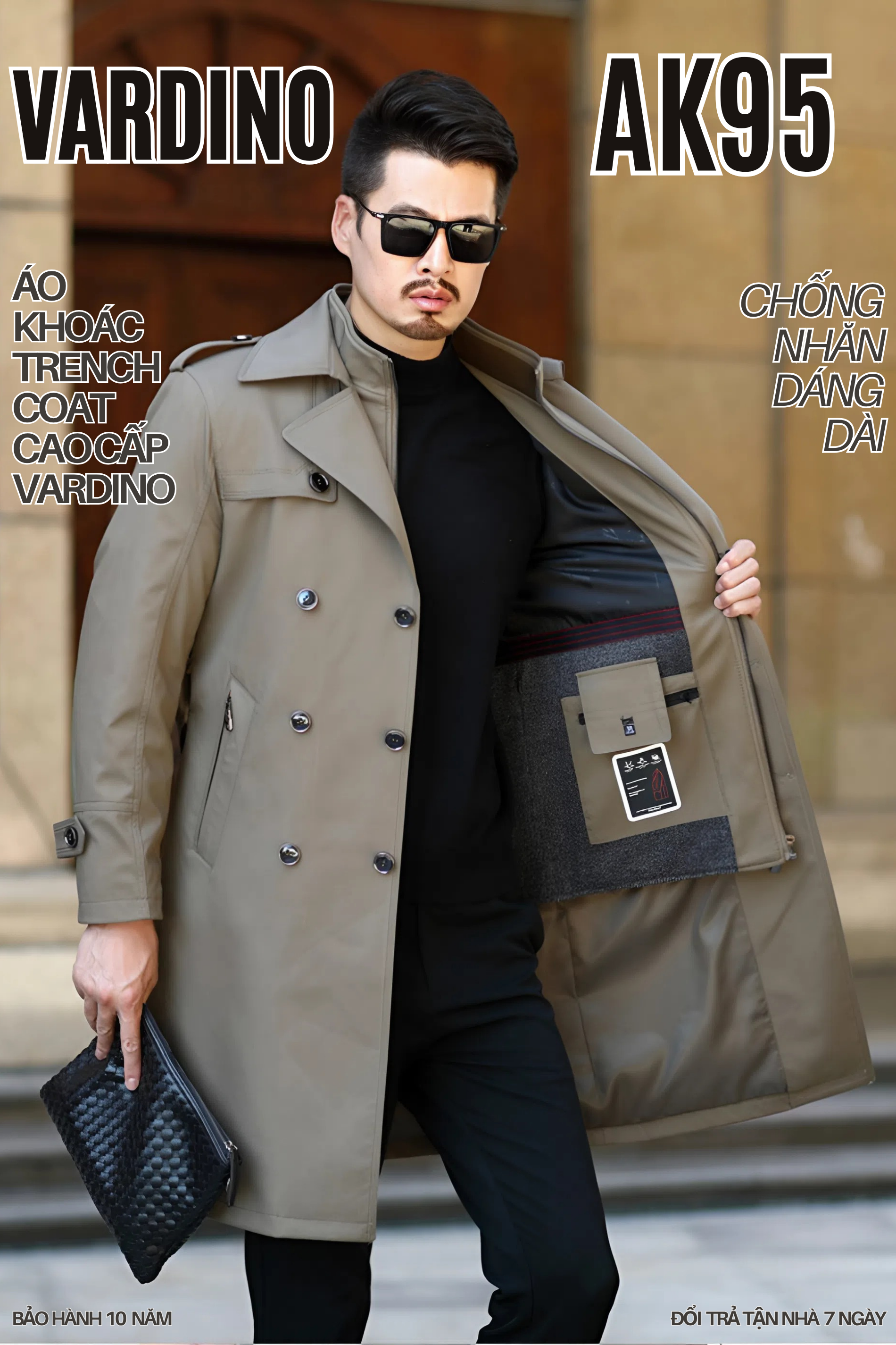 Áo khoác trench coat nam dáng dài có lót tháo VARDINO ak95