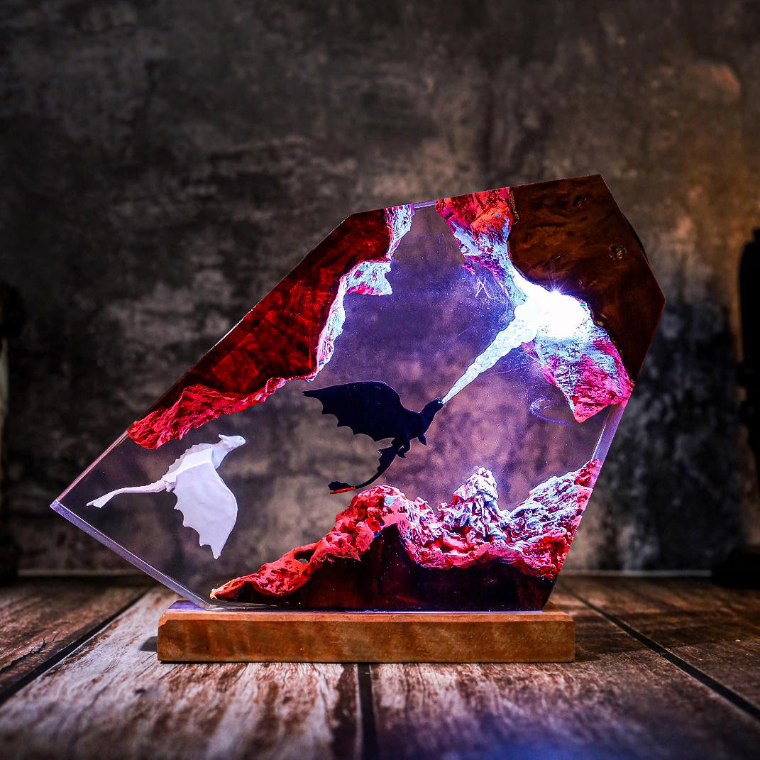 Product image - Blaze of the Night | Toothless & Light Fury Fantasy Lamp in Wood Resin epoxy Lamp Breath of the Night Fury Dragon Lamp httyd art