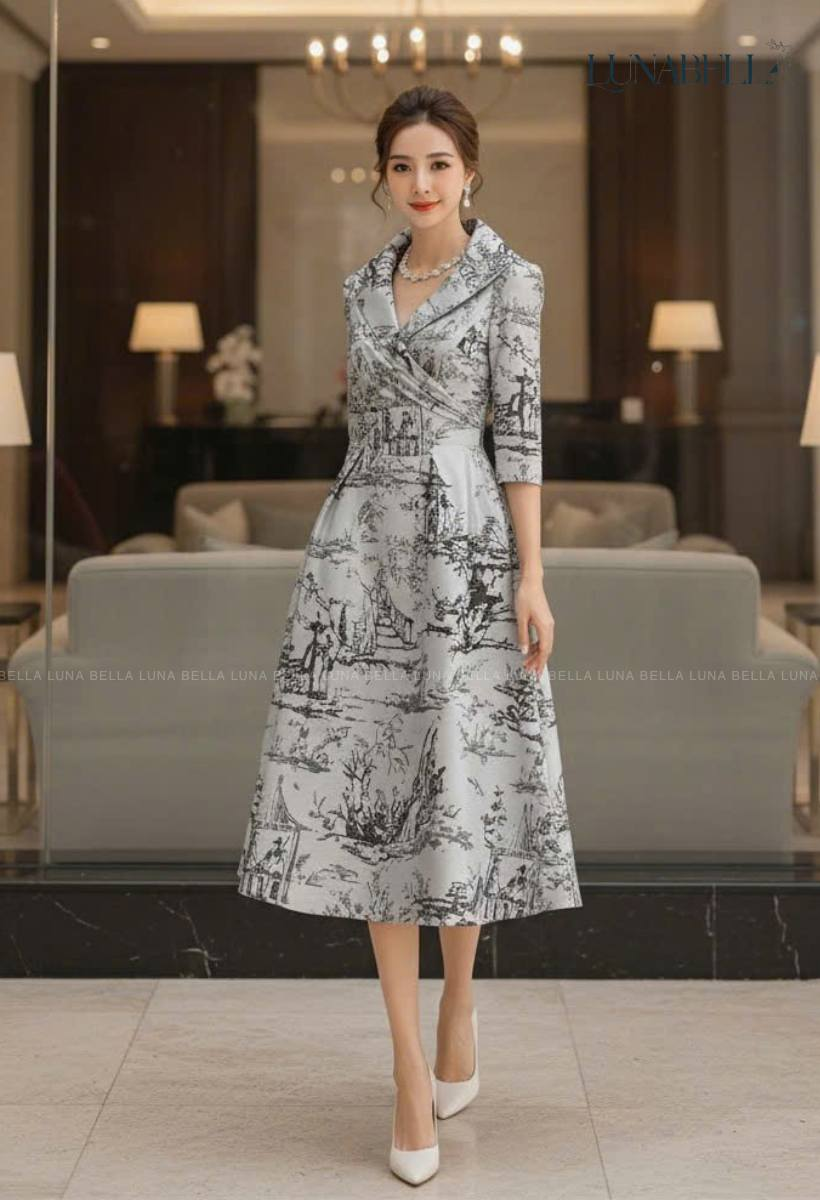 Đầm liền dài tay cổ V CONSTANCE màu XÁM