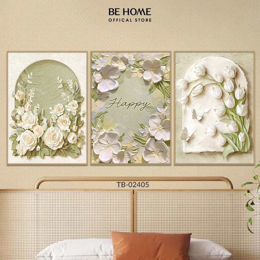 Bộ 3 Tranh Dán Tường Treo Tường Canvas Hoa Lá Trang Trí Phòng Khách Sang Trọng, Phòng Ngủ, Khách Sạn – BeHome Decor
