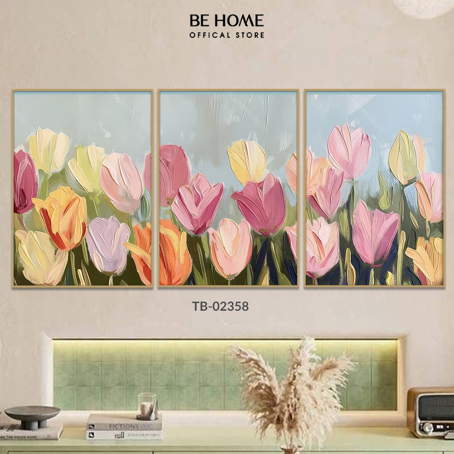 Bộ 3 Tranh Dán Tường Treo Tường Canvas Hoa Lá Cổ Điển Trang Trí Phòng Khách Sang Trọng, Khách Sạn – BeHome Decor