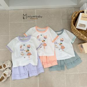 Bộ cộc tay bé gái bèo tay phối cổ  in thỏ, ngôi nhà, đèn