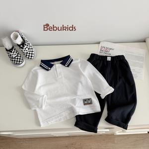 Bộ dài tay bé trai phối cổ 2 sọc kẻ, quần trơn