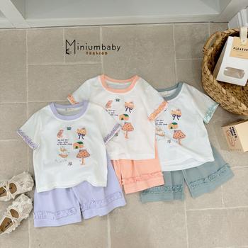 Bộ cộc tay bé gái bèo tay phối cổ  in thỏ, ngôi nhà, đèn