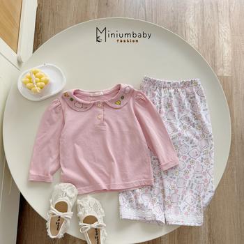 Bộ dài tay bé gái in heo con gà cổ phối quần heo, gà