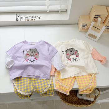 Bộ dài tay bé gái phối tay kẻ in cún friends  fun phối quần kẻ