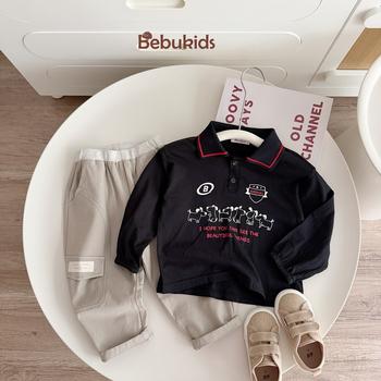 Bộ polo dài tay bé trai cổ phối 1 sọc, áo in chữ B, 6 chú cún