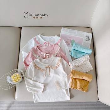 Bộ dài tay bé gái cổ bèo đính nơ phối quần hoa