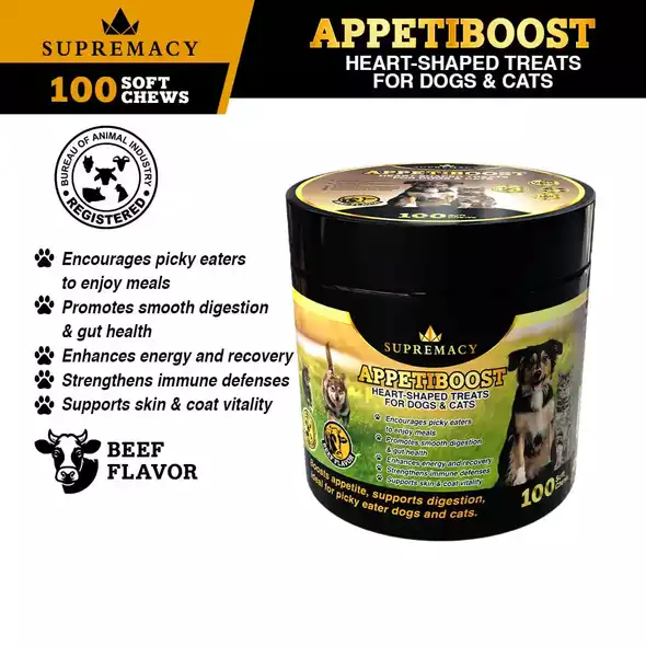 Product image - Appetiboost -  Heart-Shaped Soft Chews for Dogs & Cats (100 Chews) / Boost appetite / Supports Digestion / Ideal for Picky eater dogs and cats