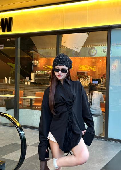 Product image - Áo Sơ Mi Điệu Có Dây Buộc Eo