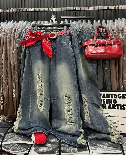 Product image - quần  jean xuông rộng rách trước, sườn gấu