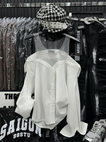 Product image - áo sơ mi trễ vai phối yếm đính đá bling