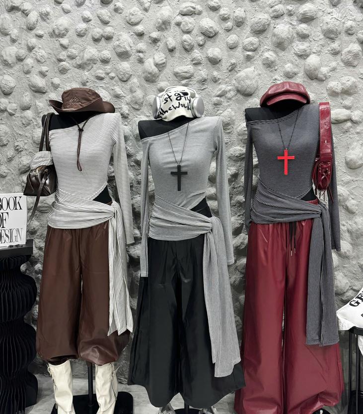 Product image - áo kẻ lệch vai phối dây thắt eo