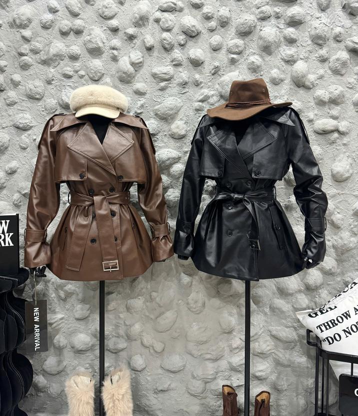 Product image - áo da dáng ngắn thắt eo sang chảnh