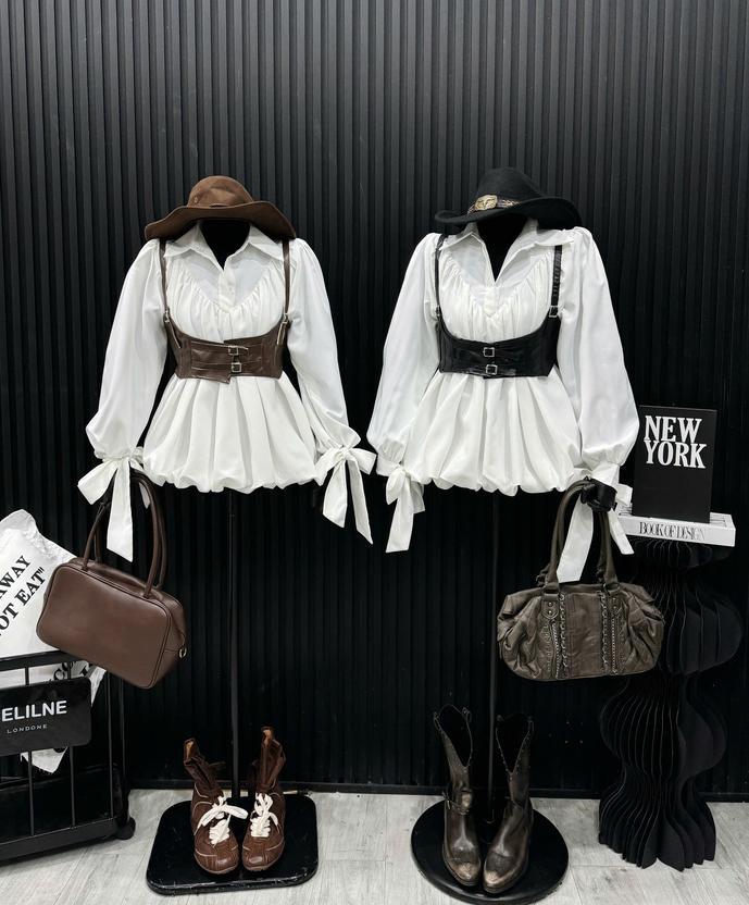 Product image - Set sơ mi kèm yếm đai eo da