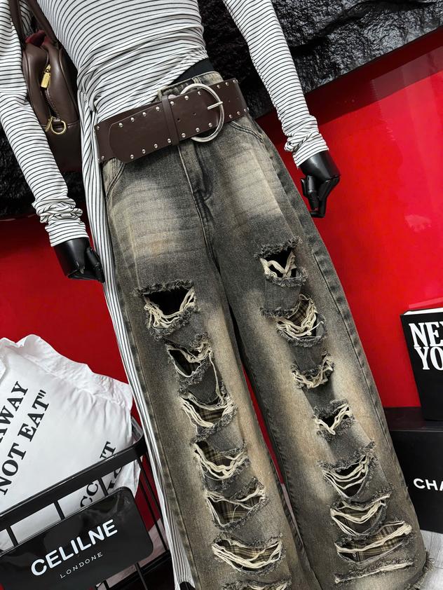 Product image - Jean Mài Rách Lót Vải Kẻ