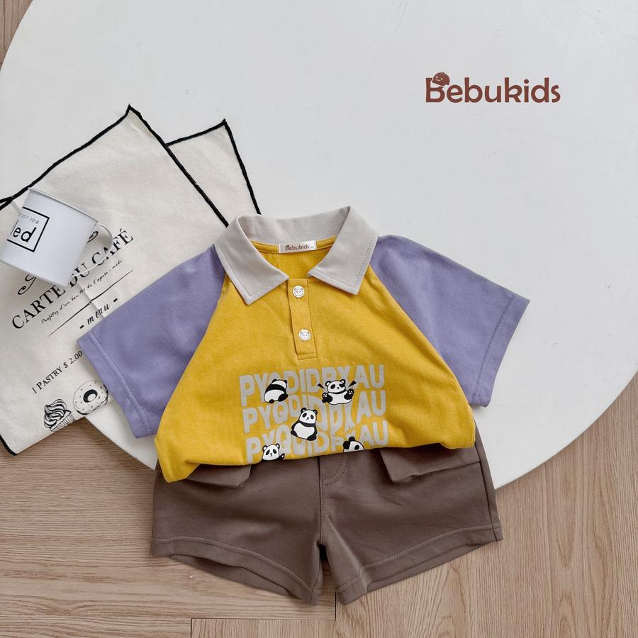 SB2233- bộ polo phôi cổ, tay, in chữ 5 gấu trúc vàng