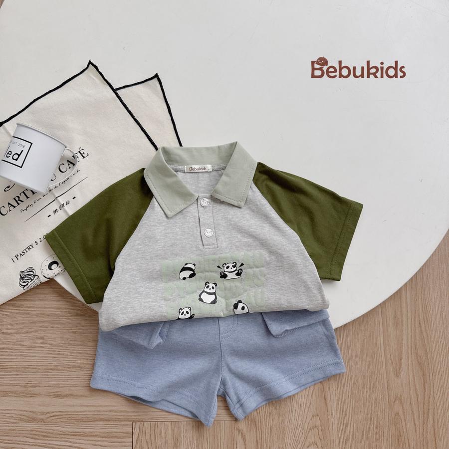 SB2233- bộ polo phôi cổ, tay, in chữ 5 gấu trúc ghi