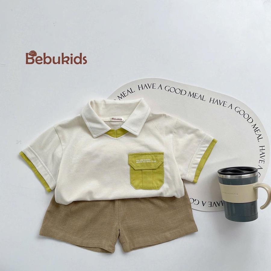 SB2116-polo cổ v túi ngực in chữ be 1