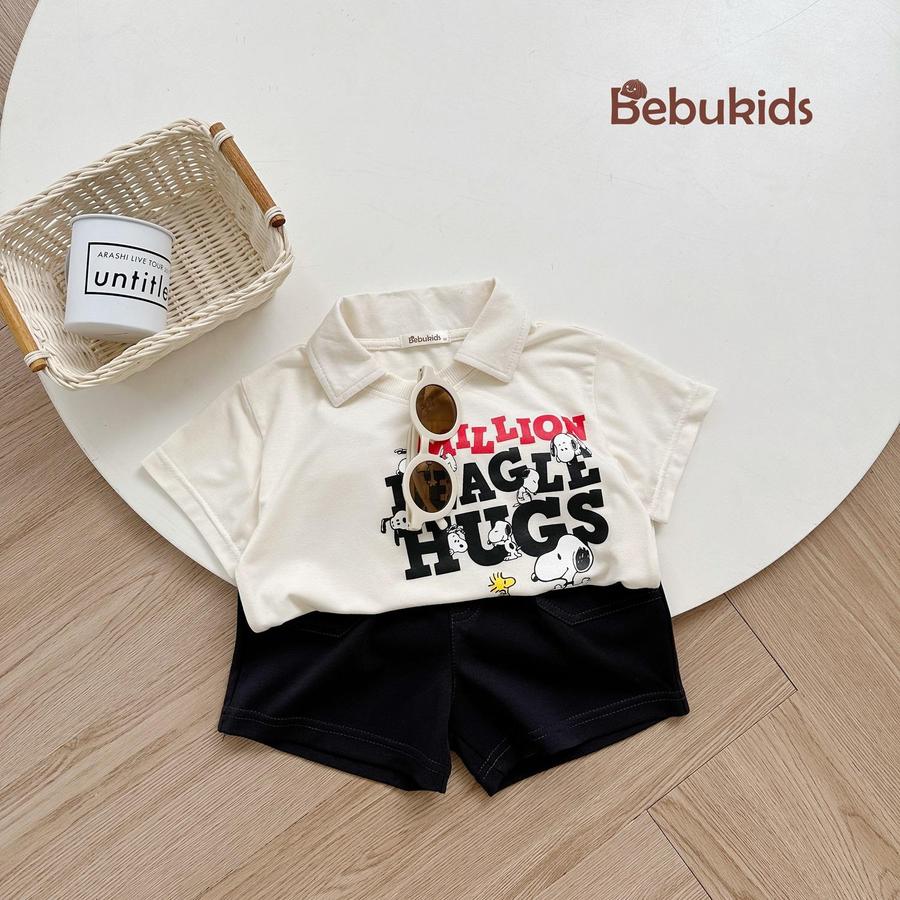 SB2236- bộ polo in chữ million beagle hugs ngực be