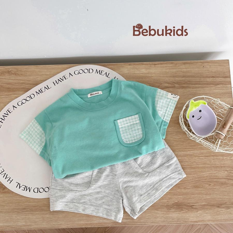 SB2279- bộ cộc tay phối tay, túi kẻ áo xanh