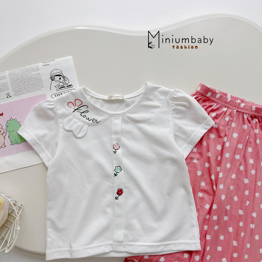 SB2451- bộ cộc tay cổ sen bé gái in chữ flower đính tai thỏ