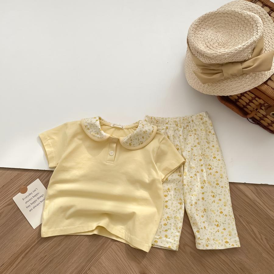SB2378- bộ cổ sen quần dài phối cổ quần hoa áo vàng q hoa vàng