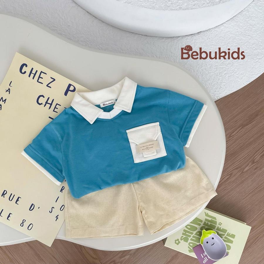 SB2229-bộ polo phối cổ, gấu tay,túi ngực xanh