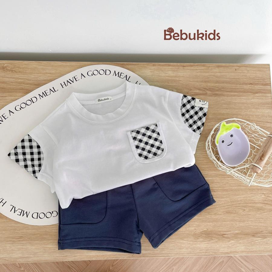 SB2279- bộ cộc tay phối tay, túi kẻ áo trắng