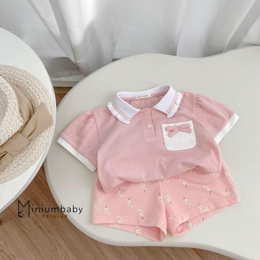 SB2304-bộ cộc cổ bèo túi ngực đính nơ áo hồng