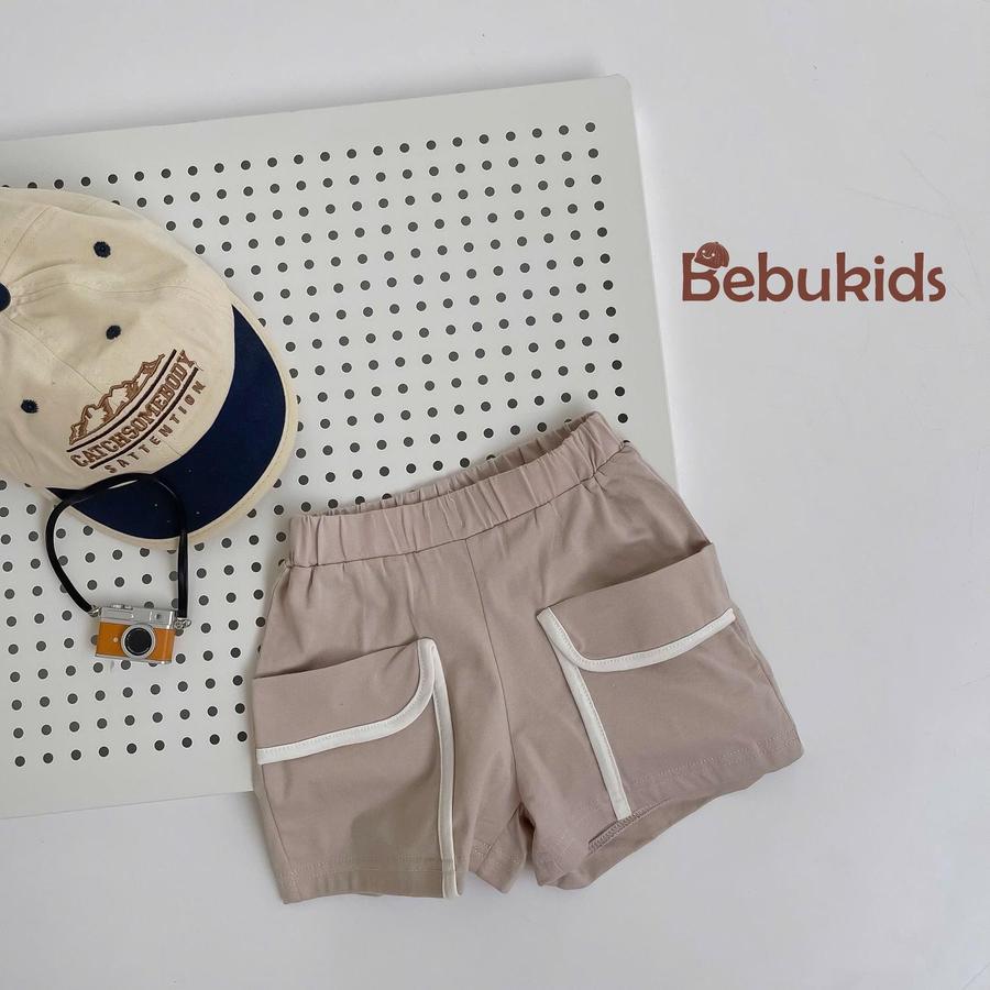 QC2301- quần đùi viền túi bé trai be đậm