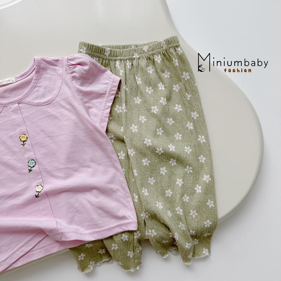 SB2451- bộ cộc tay cổ sen bé gái in chữ flower đính tai thỏ