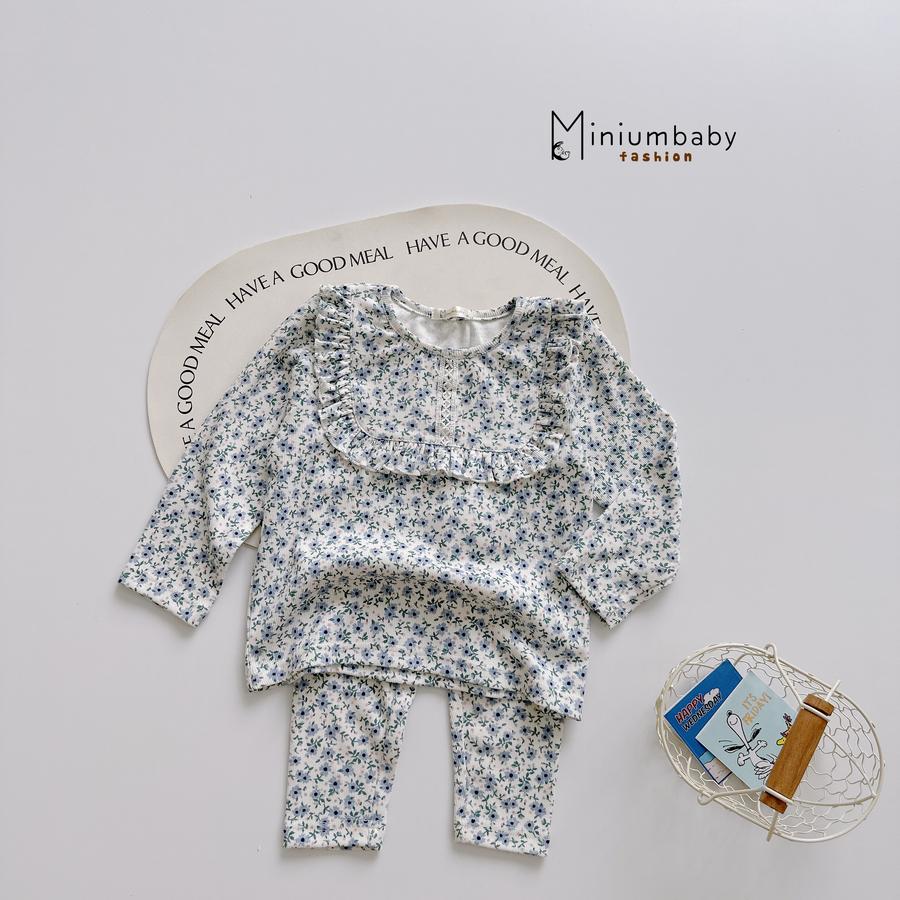 SB2086- bộ dài hoa bé gái bèo cổ vuông xanh