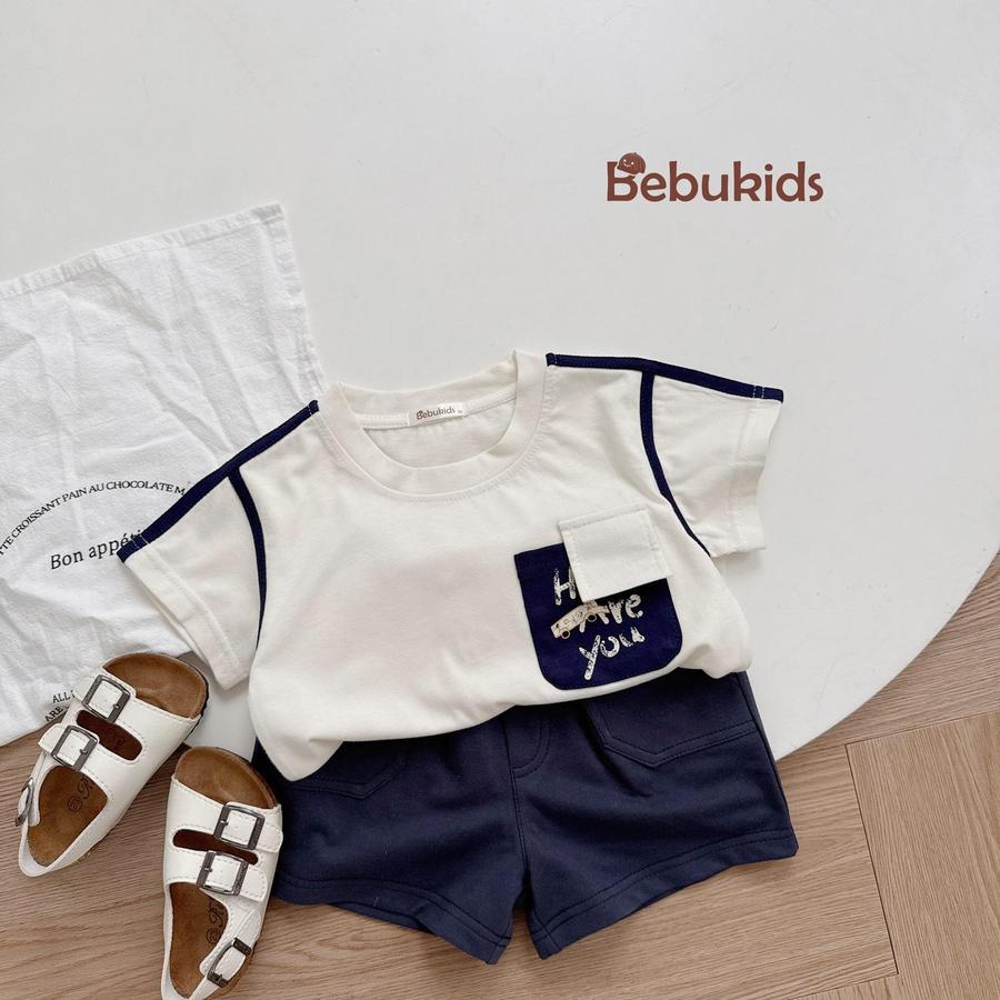 SB2223- bộ cộc tay phối lé vai, nách,túi ngực in chữ how are you trắng