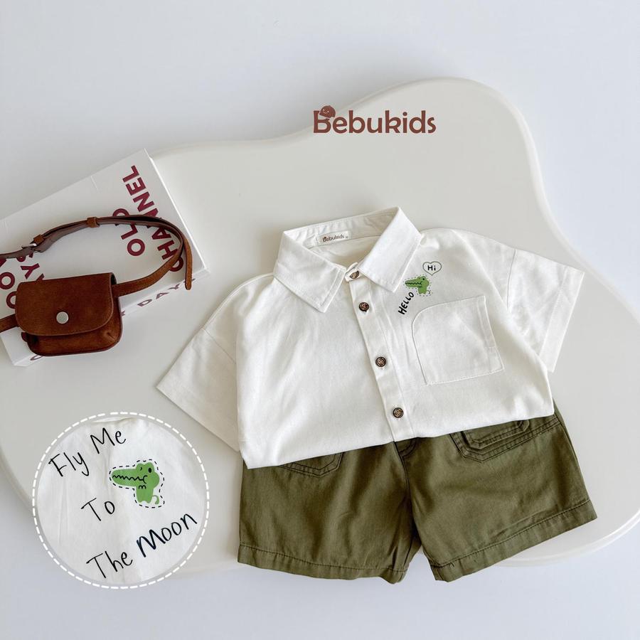 SB2131- bộ sơ mi túi cá sấu bé trai trắng