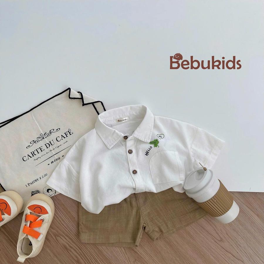 SB2131- bộ sơ mi túi cá sấu bé trai nâu 2