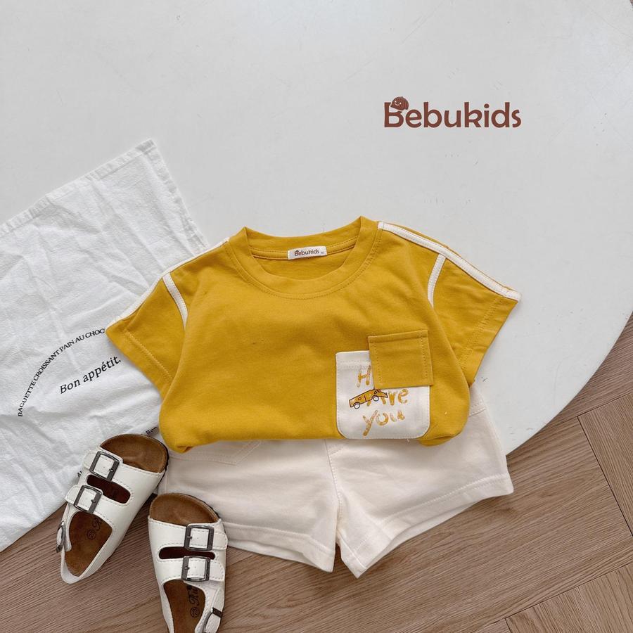 SB2223- bộ cộc tay phối lé vai, nách,túi ngực in chữ how are you vàng