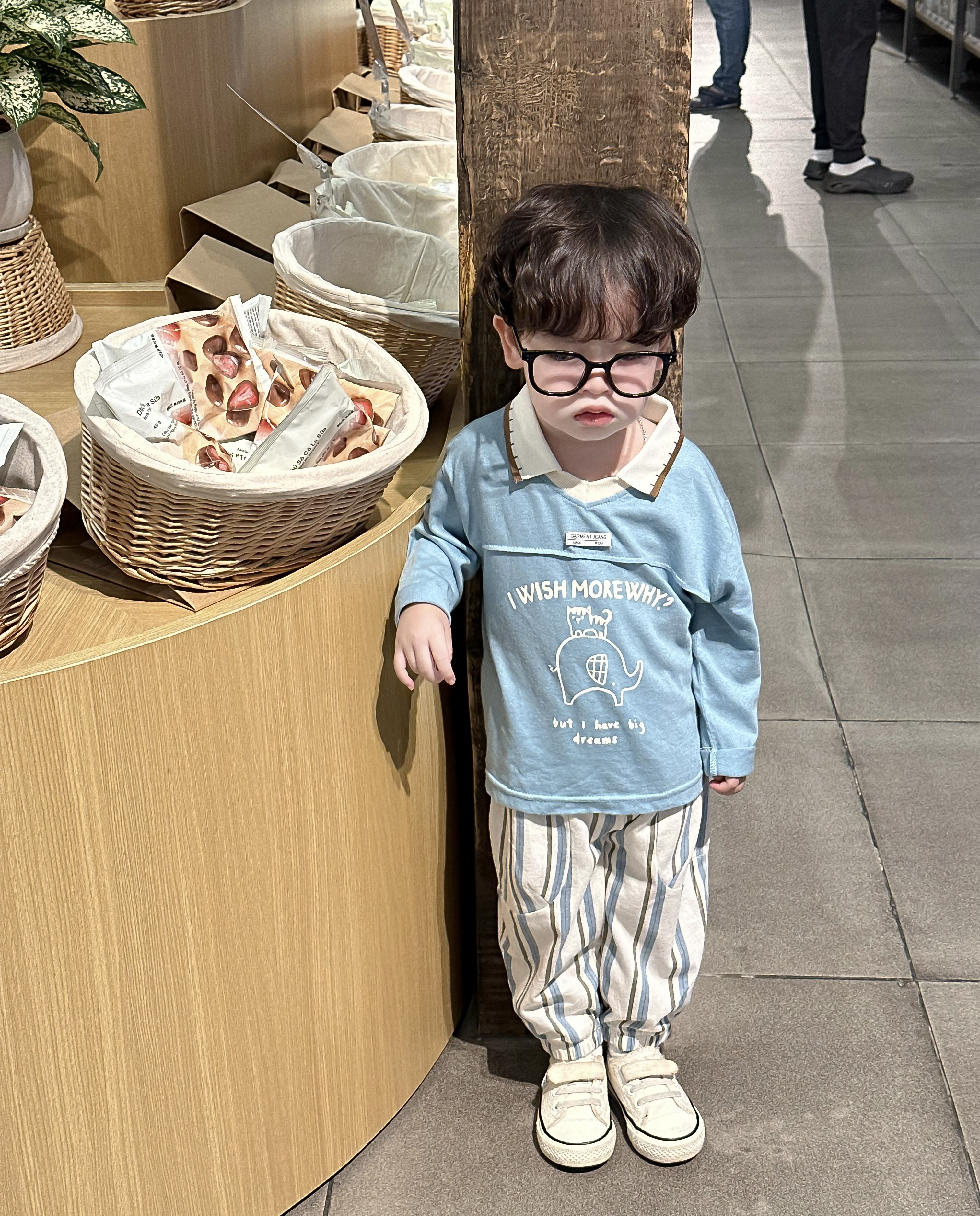 Bộ dài tay bé trai in voi, i whish more why phối quần sọc kẻ