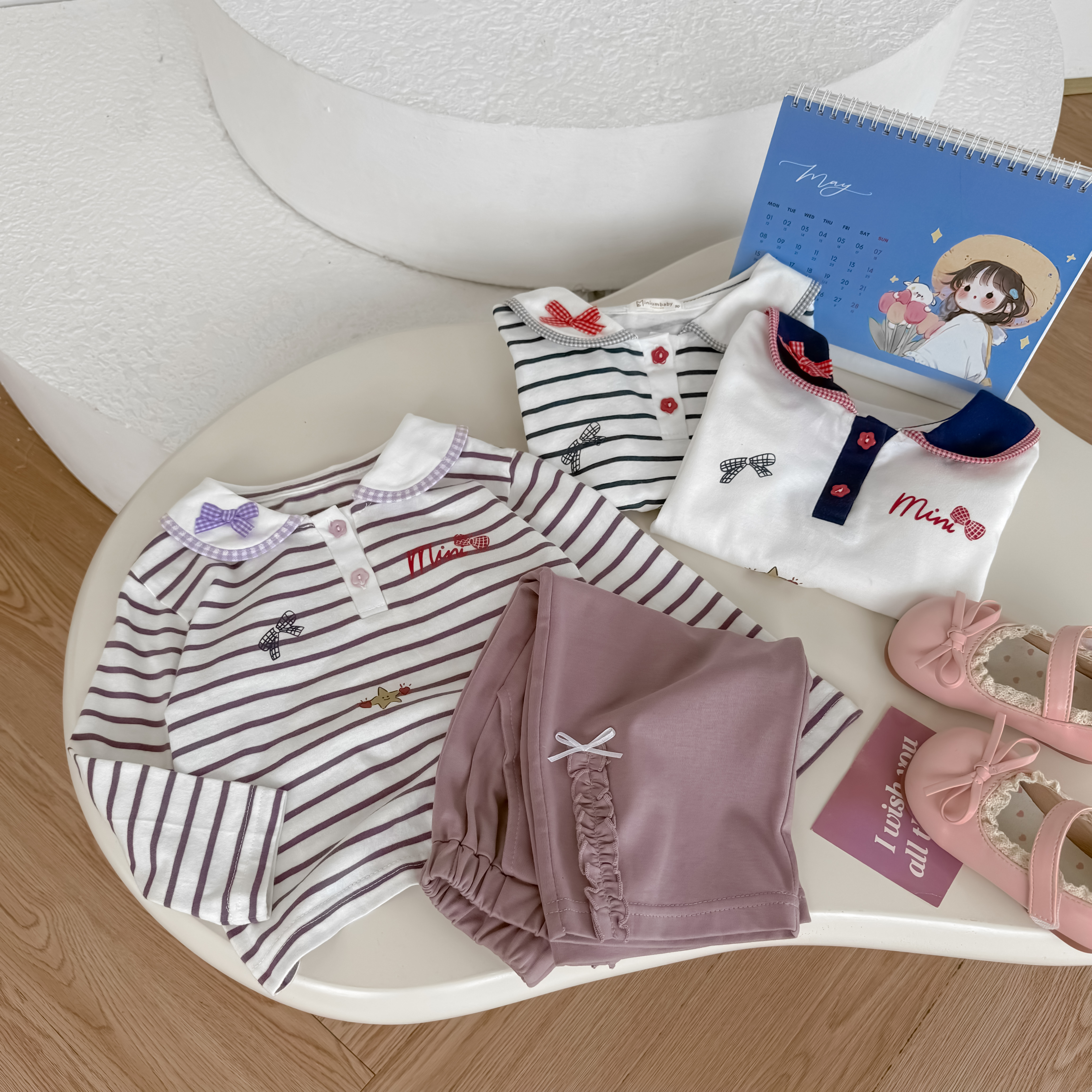 Bộ dài tay cổ sen bé gái cổ đính nơ phối viền, áo in nơ, mini, thỏ, sao