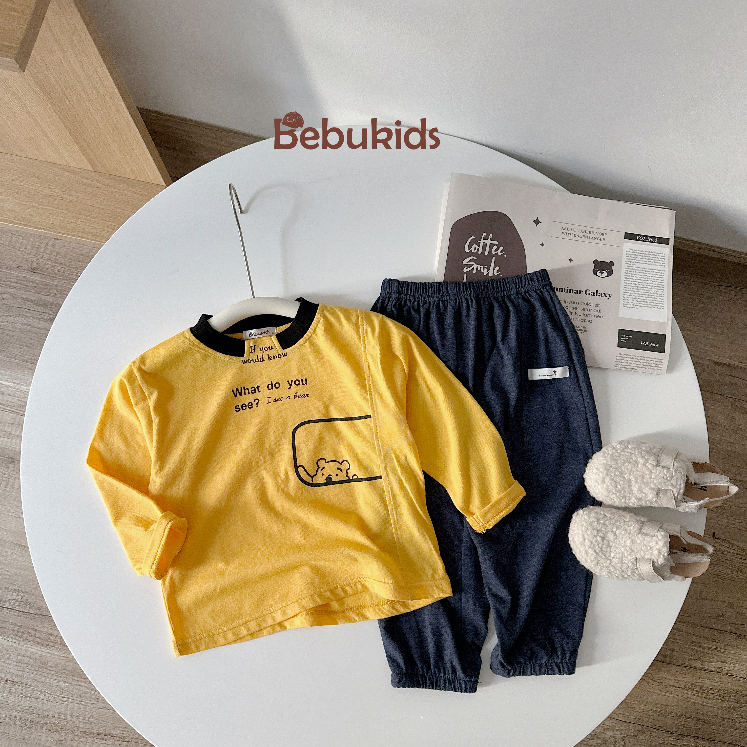 SB2552- bộ dài tay bé trai in túi gấu, what do you see