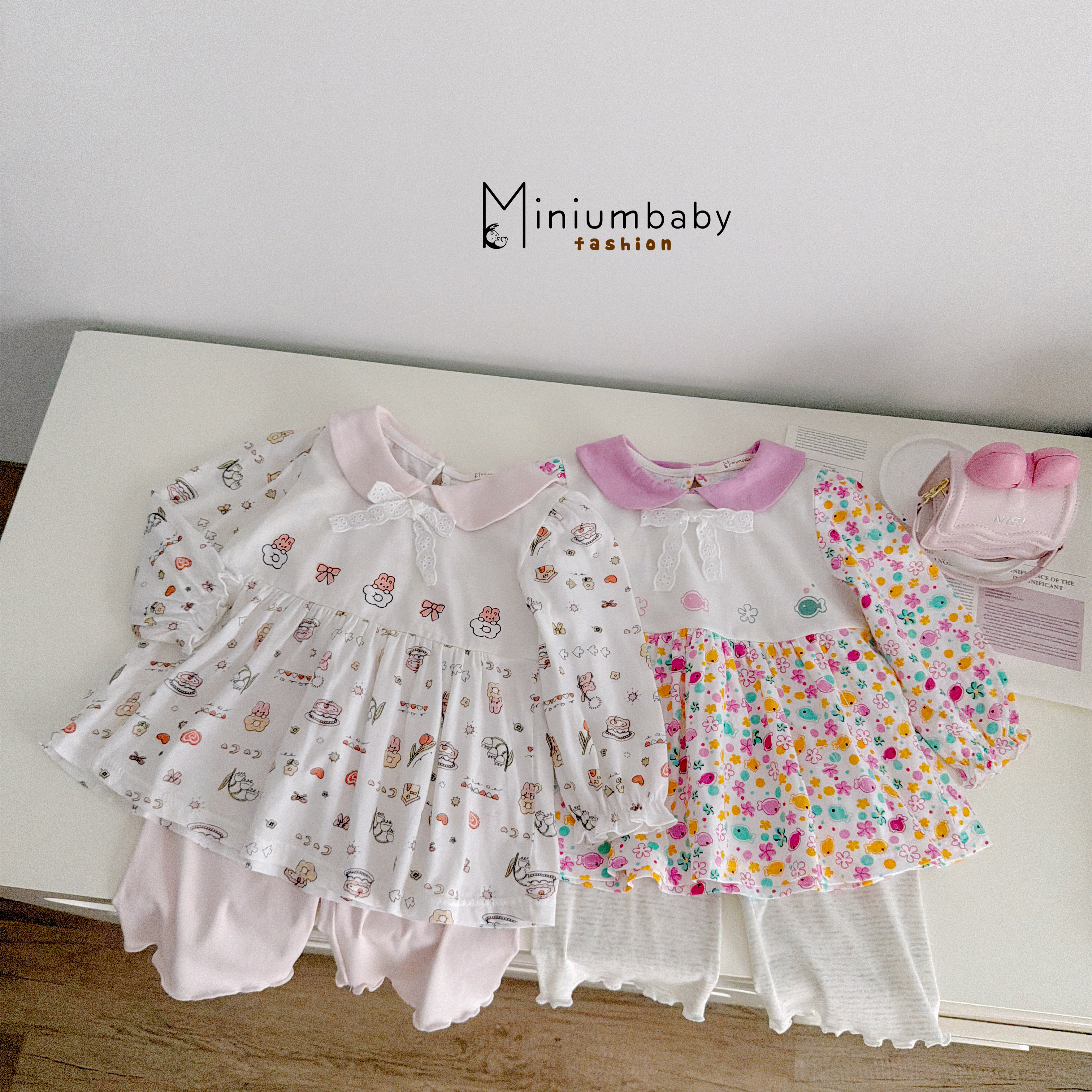 Bộ dài tay babydoll bé gái phối cổ in họa tiết phối quần trơn