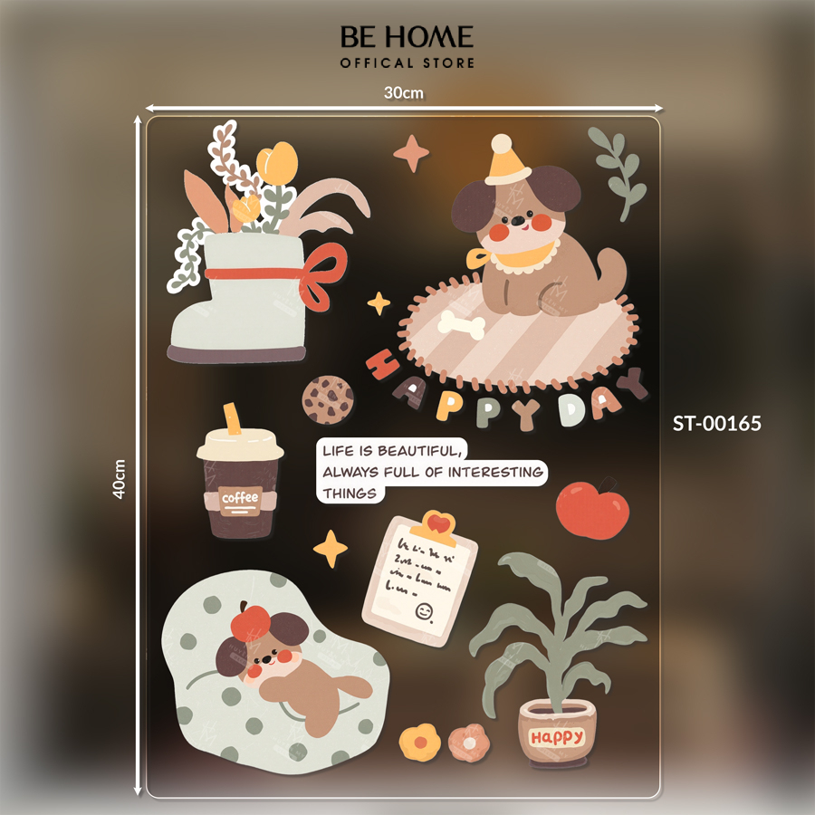 Sticker Dán Tường Chó Nâu Dễ Thương, Cafe, Hoa Lá Trang Trí Phòng Ngủ, Phòng Khách, Nail, Spa, Gương, Tủ – BeHome Decor