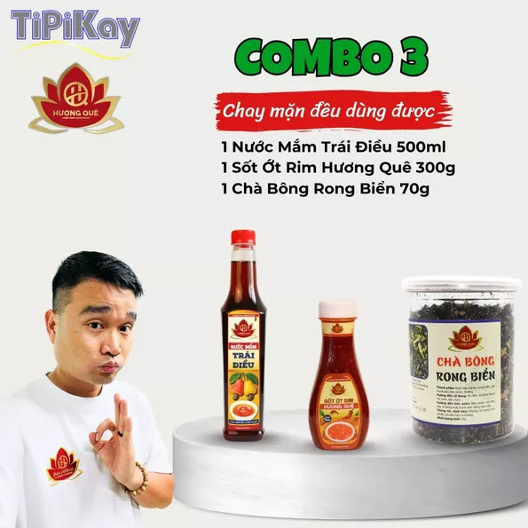 Product image - [Combo 3 món] 1 Chà Bông Rong Biển 70G + 1 Sốt Ớt Rim Hương Quê 300G + 1 Nước Mắm Trái Điều 500ml