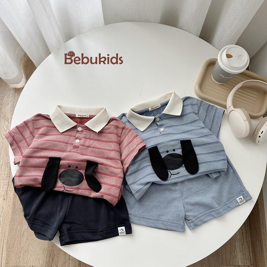SB2399- bộ polo bé trai kẻ ngang in cún đính tai cún